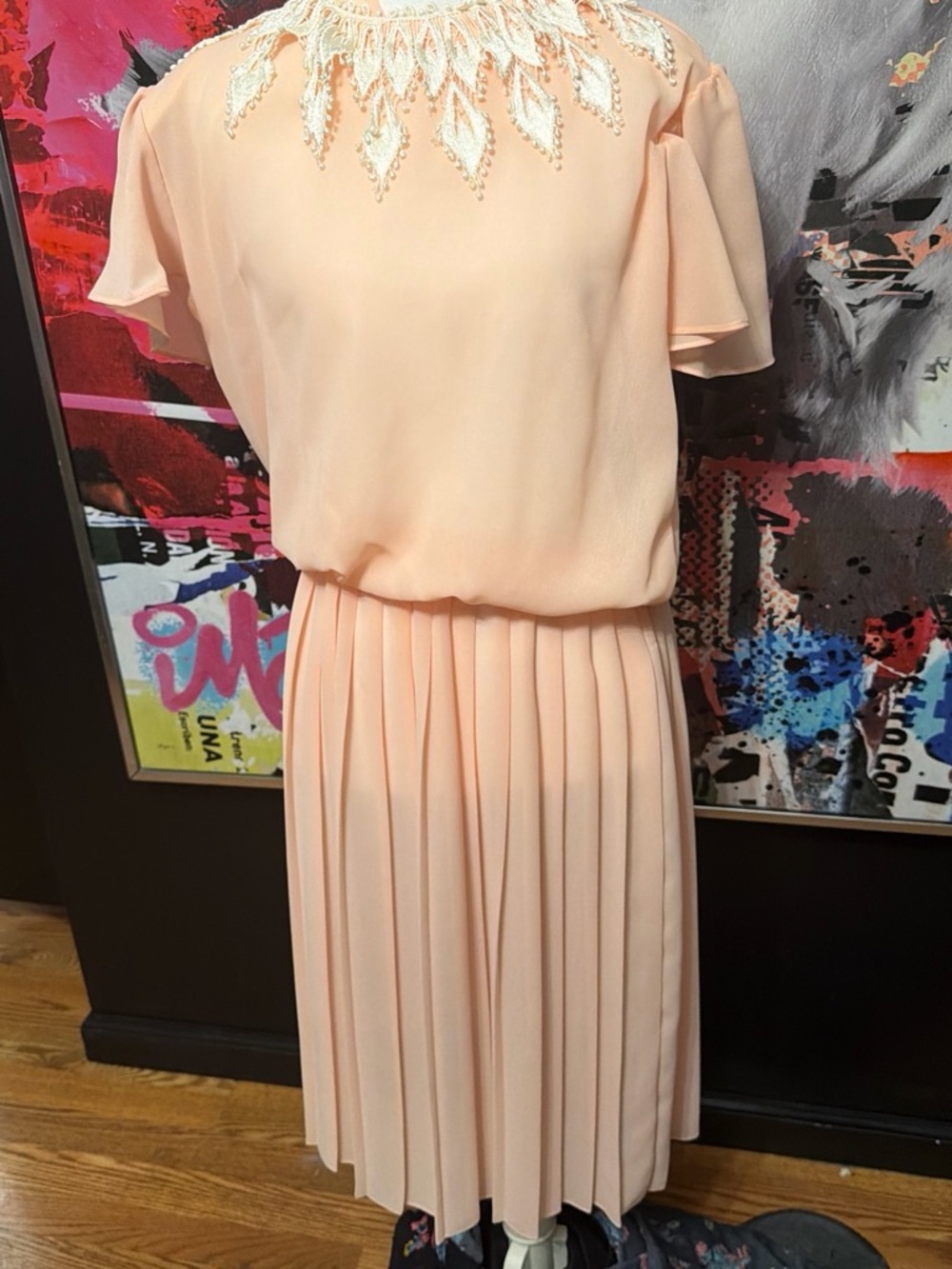 Jamie Kay Peach Pleated Midi Dress with Embroidered Yoke